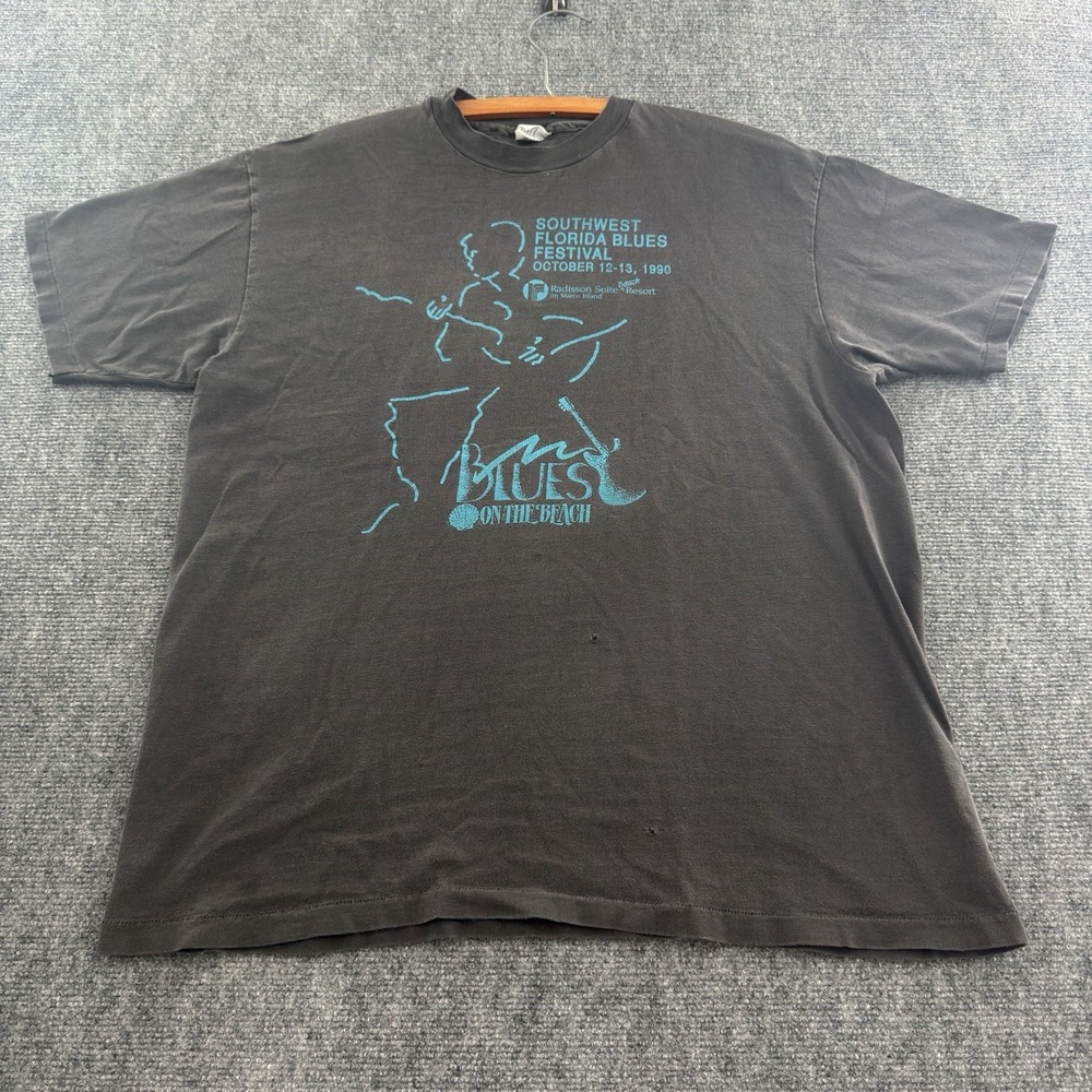 Vintage Faded Black 1990 Southwest Florida Blues Festival T-Shirt Mens XL